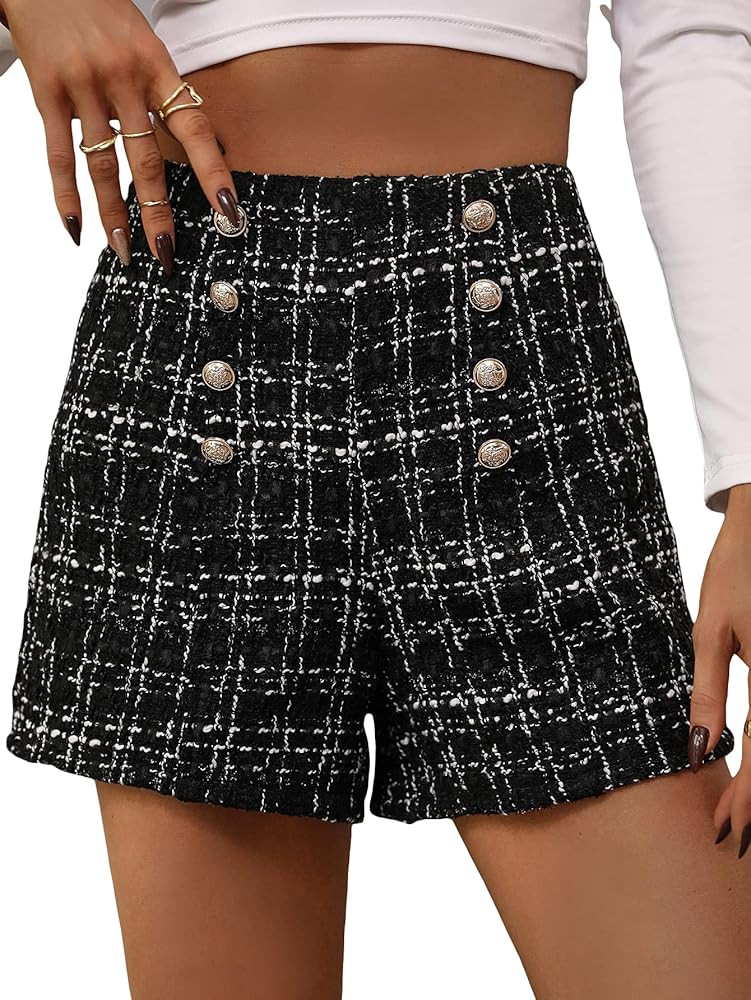 Women's Plaid Tweed Wide Leg High Waisted Button Decor Elegant Shorts | Amazon (US)