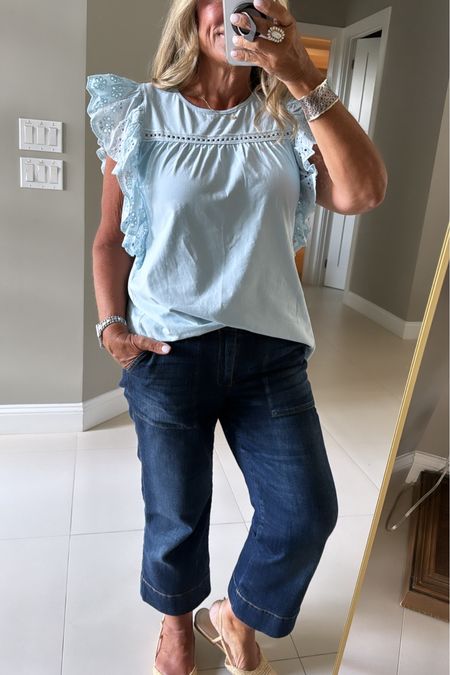 This little summer top from Amazon is so cute. Summer outfit. Vacation outfit. Crop wide leg jeans.

#LTKFindsUnder50 #LTKOver40 #LTKStyleTip