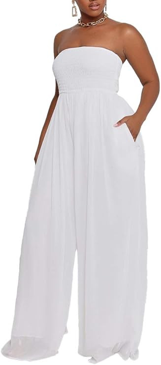 Ophestin Women Casual Solid Off Shoulder Smocked Drawstring Wide Leg Pants One Piece Jumpsuits Ro... | Amazon (US)