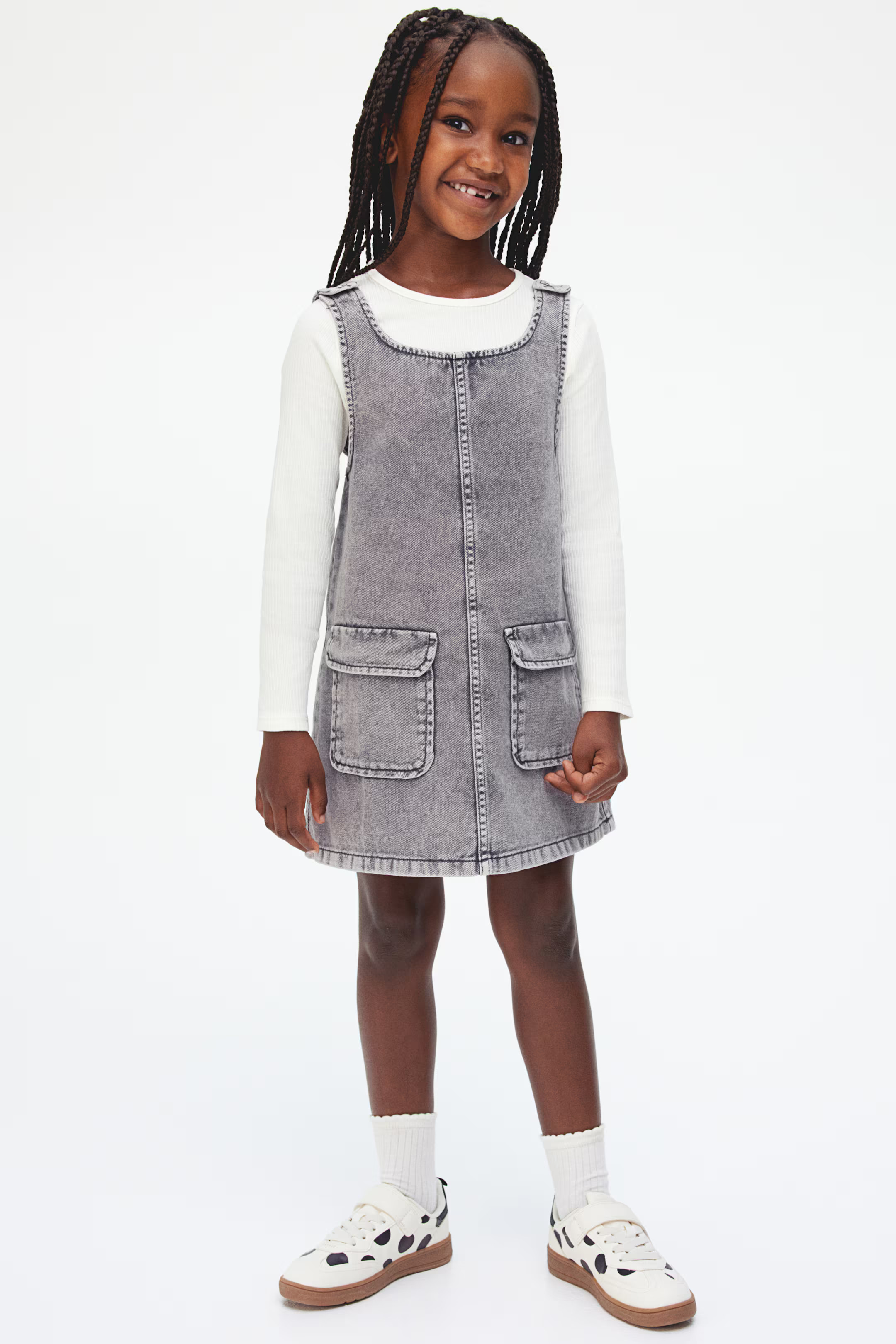 2-piece Dress and Top Set - Low-cut Neckline - Long sleeve - Denim gray/white - Kids | H&M US | H&M (US + CA)