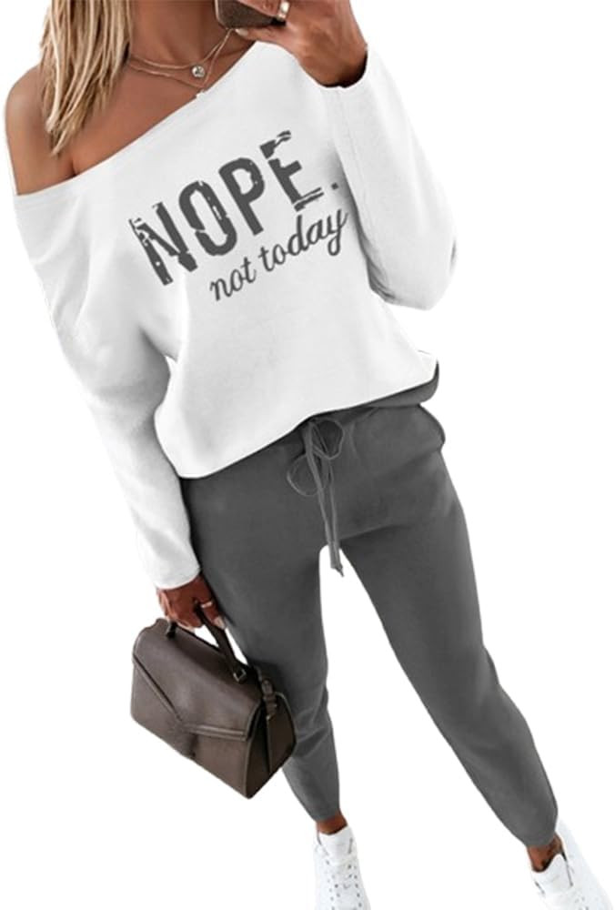 CHICME Women Tracksuit Fall 2 piece Outfits Off The Shoulder Long Sleeve Tops and Pants Set Trave... | Amazon (US)