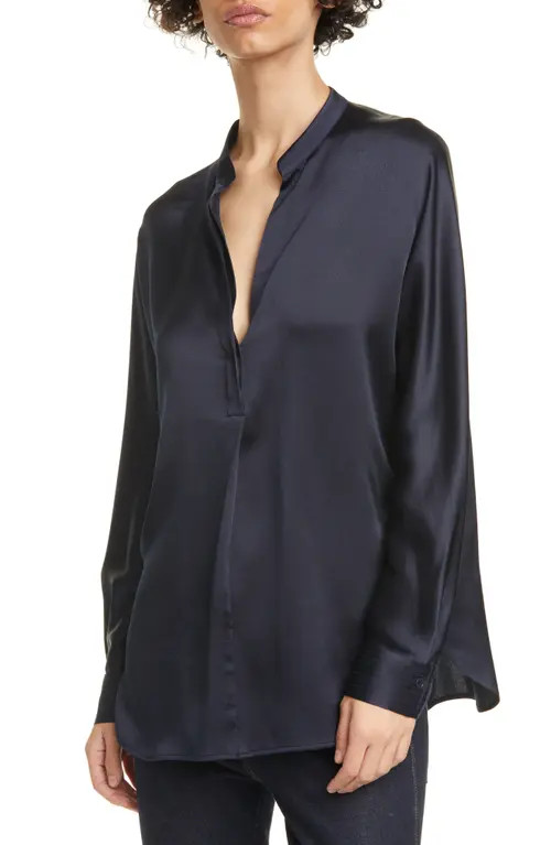 Vince Band Collar Silk Blouse in Navy at Nordstrom, Size X-Large | Nordstrom