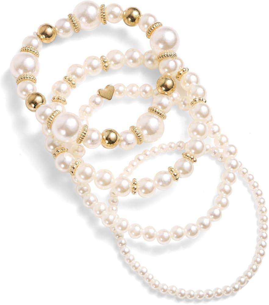 4pcs Pearl Bracelets for Women, Multilayered White Simulated Pearl Beaded Bracelet Set Stackable ... | Amazon (US)