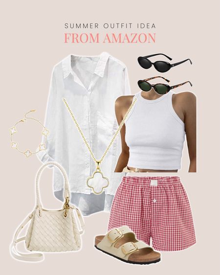 Trending summer outfit — gingham shorts, boxer shorts, Amazon outfit, white top, white button down, tank top, sunglasses, purse, sandals, jewelry 

#LTKSaleAlert #LTKFindsUnder50 #LTKFindsUnder100