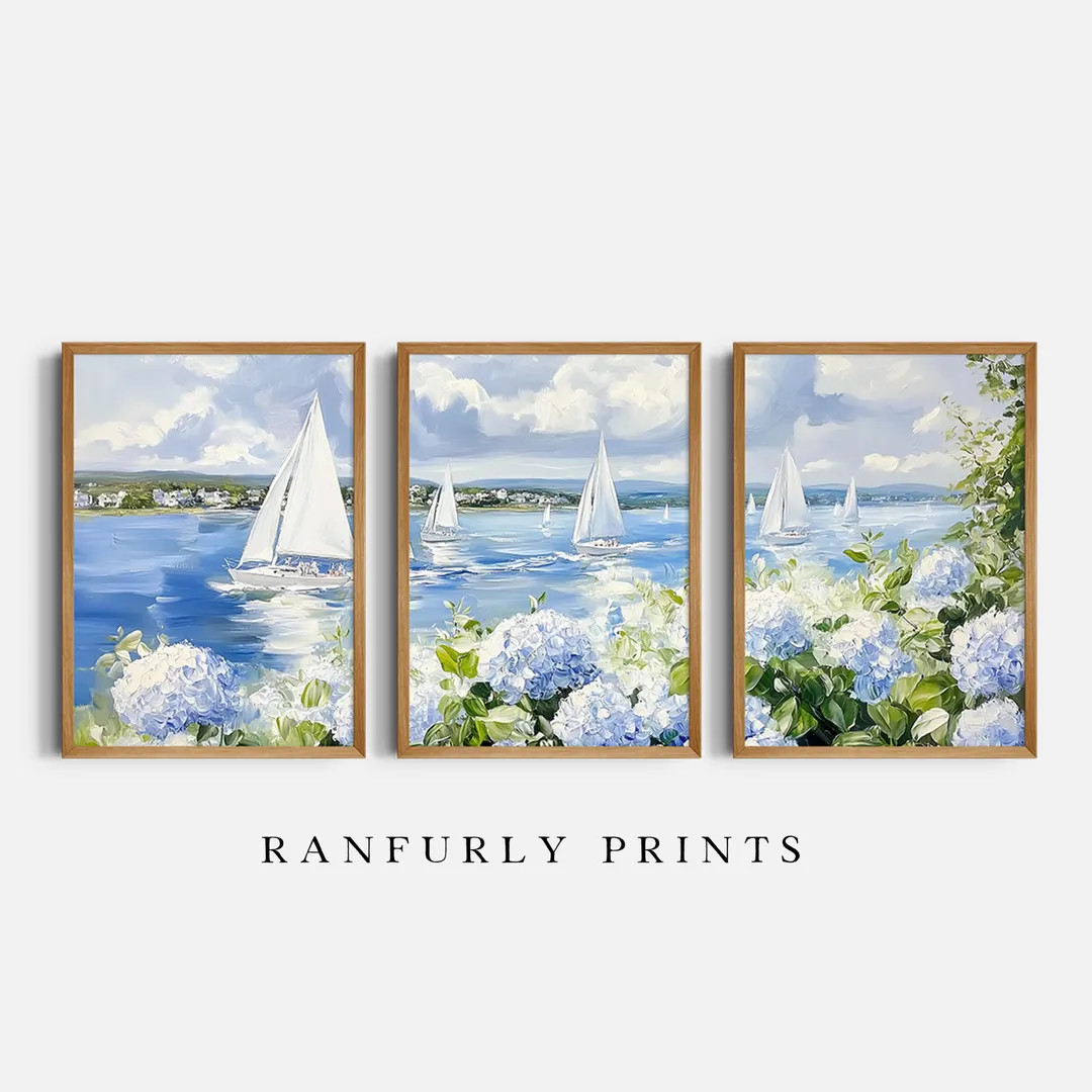 Sailboat Hydrangea Triptych: Coastal Nautical Art Prints (digital Download) - Etsy | Etsy (US)