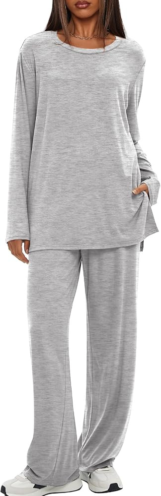 Darong Women's 2 Piece Lounge Set Casual Long Sleeve Crew Neck Tops Wide Leg Pants Travel Airport... | Amazon (US)