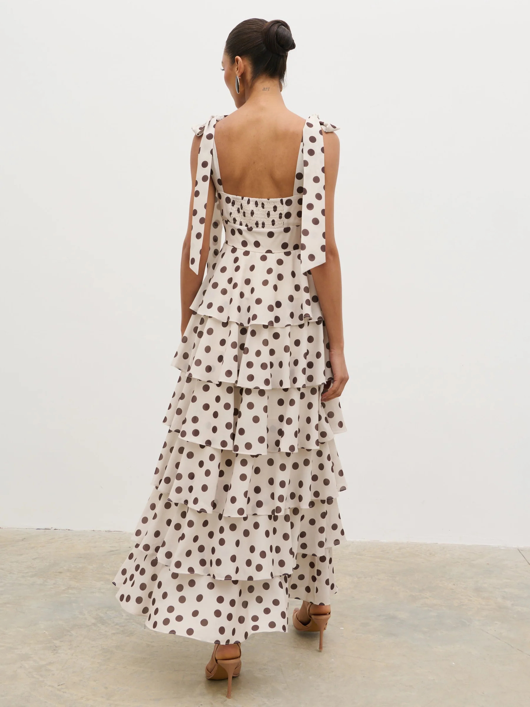 Fiore Tie Ruffle Maxi Dress - Large Brown and Cream Polkadot | Pretty Lavish (UK)