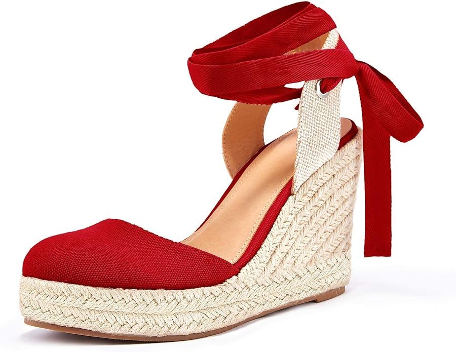 Women's Espadrille Wedge Sandals Closed Toe Lace Up Platform Ankle Wrap Summer Casual Shoes | Amazon (US)