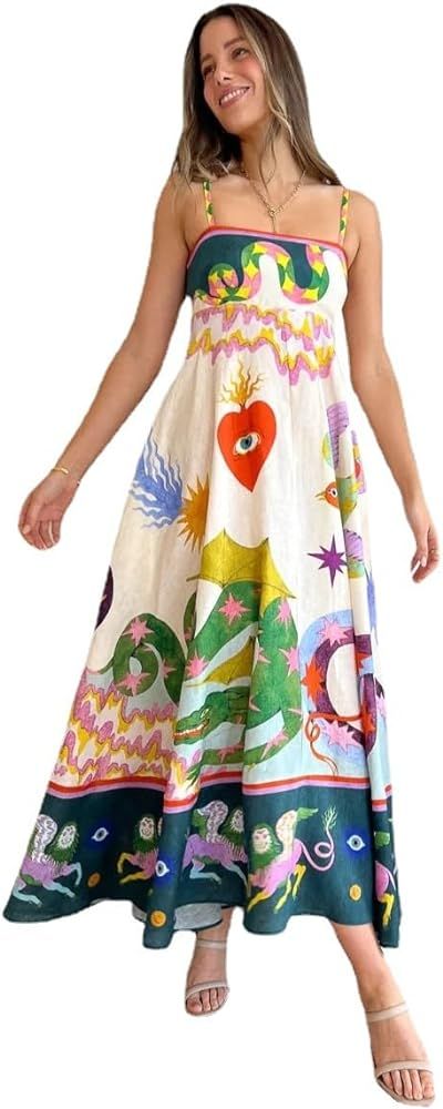 OrgeFy Leisure Long Dress for Women's wear, Printed Sleeveless Large Swing Dress, Slim Fitting and Slimming Dress | Amazon (US)