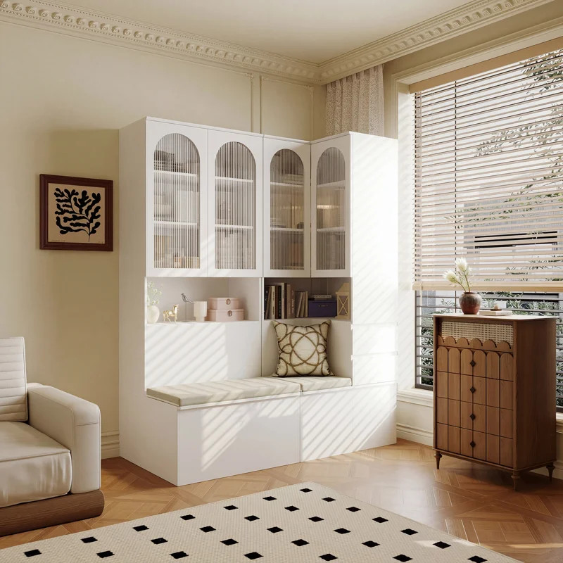 Elegant Corner Bookcase With Reading Nook, Fluted Glass Cabinets | Wayfair North America
