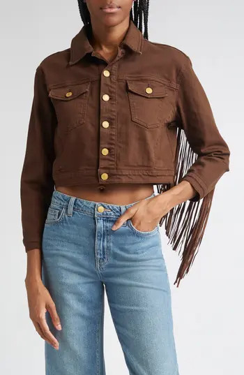 L'AGENCE Koda Fringe Crop Denim Jacket in Brown at Nordstrom Rack, Size Large | Nordstrom Rack