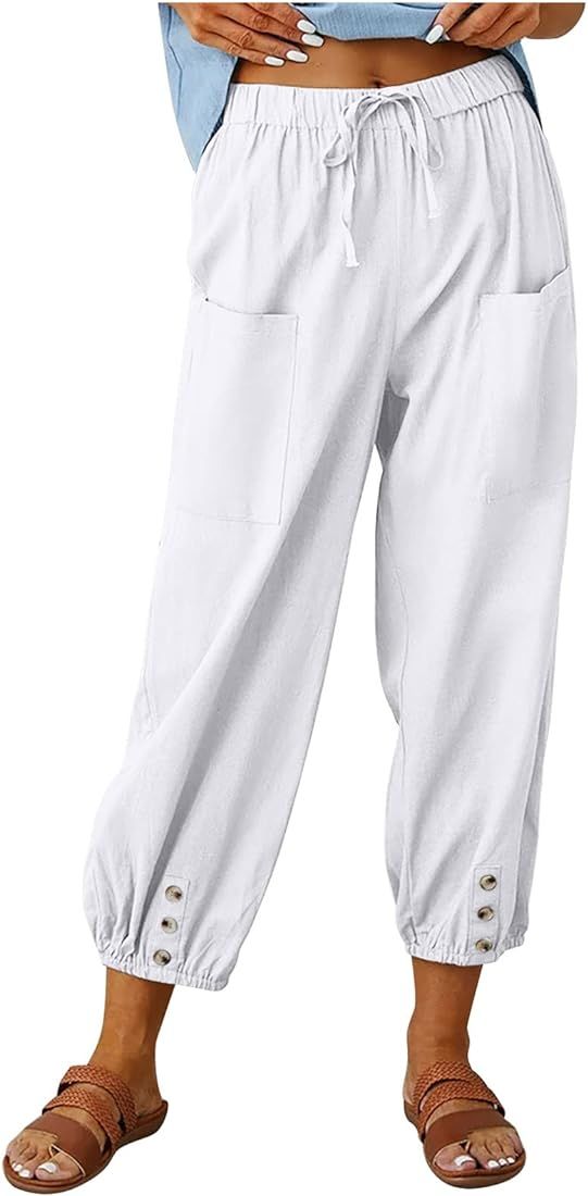 Women's Capri Pants High Waist Drawstring Cinch Bottom with Button Cotton Loose Casual Trouser wi... | Amazon (US)