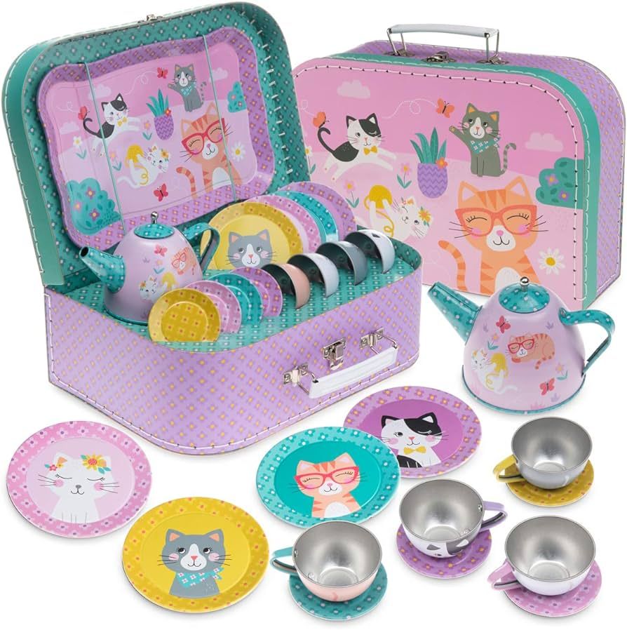 Jewelkeeper Toddler Toys Tea Set for Little Girls - 15 Pcs Tin Tea Set for Kids Tea Time Includes... | Amazon (US)