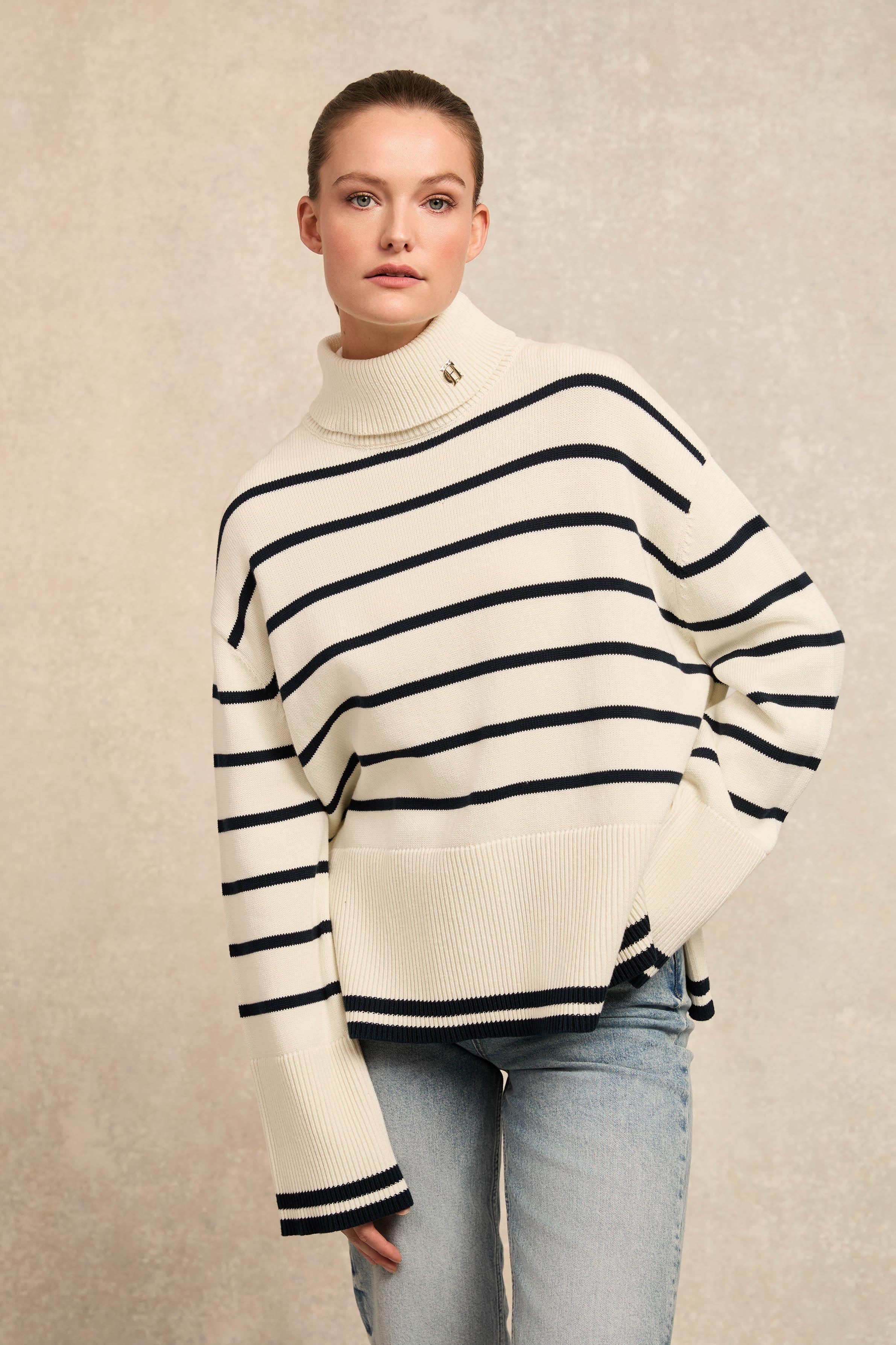 Antonia Roll Neck Knit (Natural Stripe) | Holland Cooper