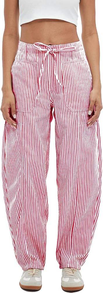 Striped Pants Women Loose Mid Rise Stripe Barrel Jeans Casual Wide Leg Denim Trouser with Drawstr... | Amazon (US)
