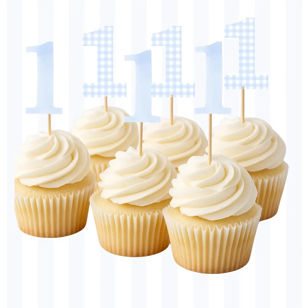 Blue Watercolor Gingham Cupcake Toppers, Printable Birthday Party Decor, Kids Party Toppers - Ets... | Etsy (US)