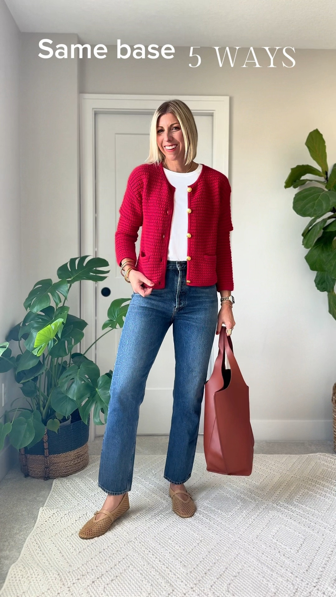 One base: a basic white tee + dark wash, straight leg jeans, styled 5 different ways this fall. You can instantly re-create a different look by changing up your shoes and accessories with the same base.
Wearing my true size in these jeans 

#LTKVideo #LTKStyleTip #LTKOver40