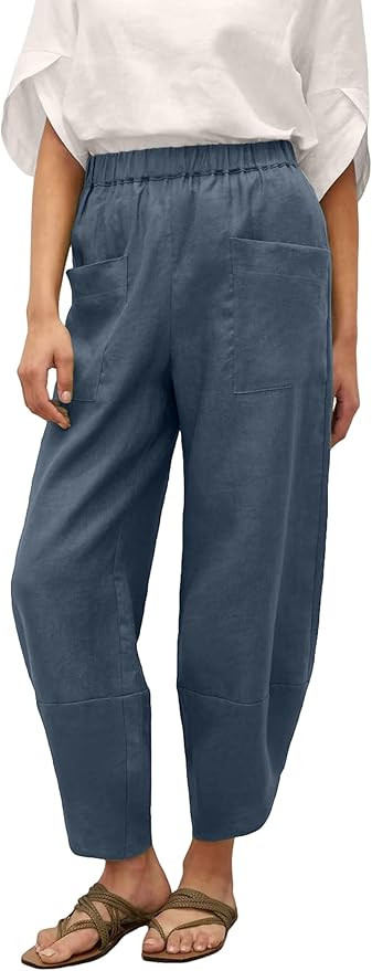 Women's Cotton Linen Pants Wide Leg Capri Pant Loose Petal-Hem Trousers Palazzo Pants with Pocket... | Amazon (US)
