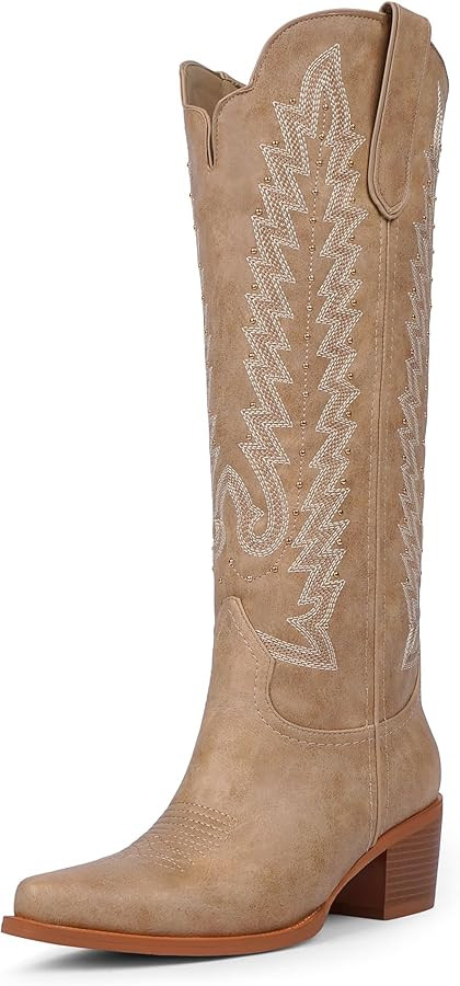 VIUGJNEX Women's Knee High Cowboy Boots - 2.2 Inch Chunky Heel Pointed Toe Cowgirl Boots, Studded... | Amazon (US)