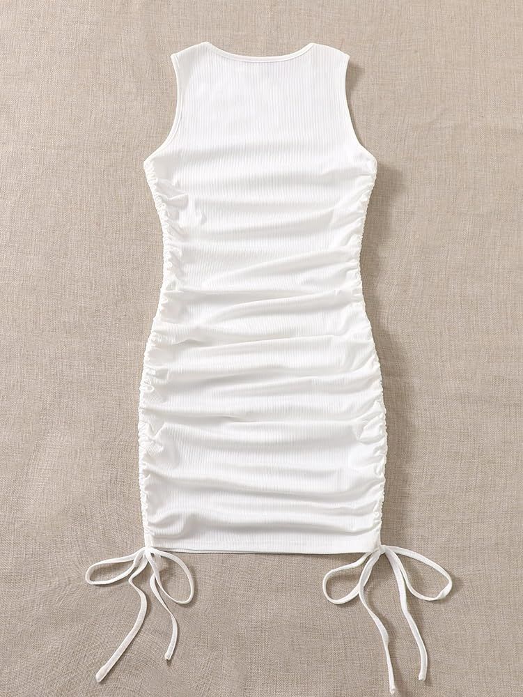 SheIn Women's Ruched Sleeveless Mini Bodycon Dress Drawstring Tie Side Round Neck Short Dresses | Amazon (US)