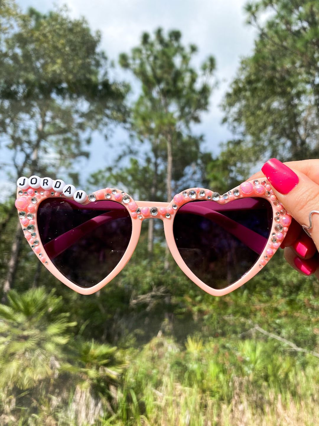 Personalized Bachelorette Sunglasses, Pink Heart Sunglasses, Bedazzled Sunglasses, Bling Pearl Su... | Etsy (US)