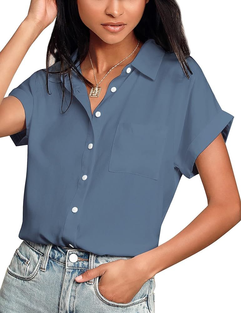 Hotouch Women Shirts Short Sleeve Button Down Up V-Neck Casual Loose Shirts Blouse | Amazon (US)