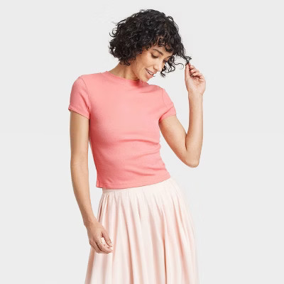 Women's Slim Fit Short Sleeve Ribbed T-Shirt - A New Day™ Pink L | Target