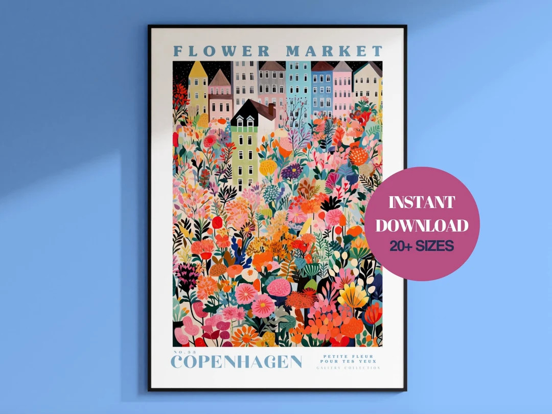 Copenhagen Flower Market Print, Instant Download, Botanical Wall Art, Blue Art, Copenhagen City P... | Etsy (US)