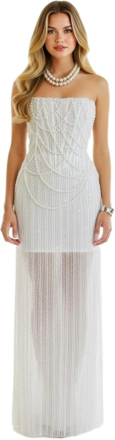 Pearl Tube Wedding Dresses for Bride Sparkly Sequin Beaded Prom Cocktail Evening Party Maxi Gowns | Amazon (US)