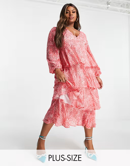 Pretty Lavish Curve balloon sleeve tiered midi dress in red abstract print | ASOS (Global)