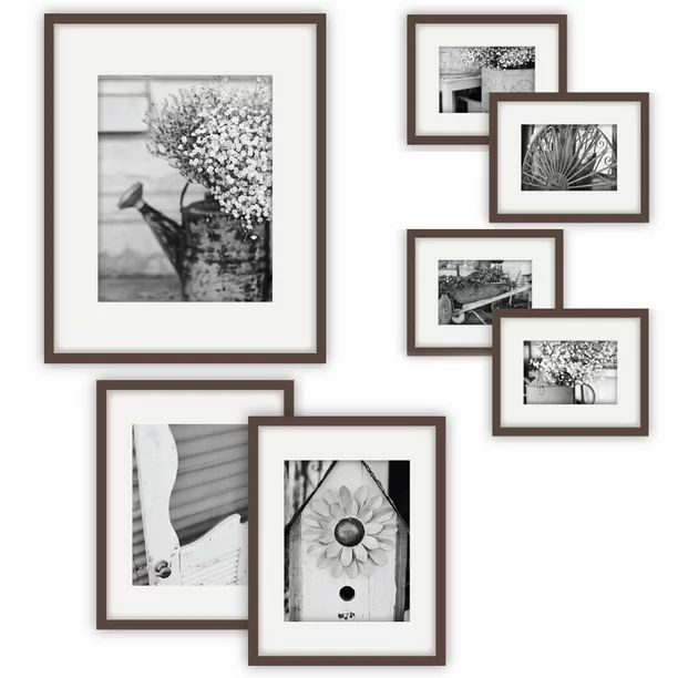 Gallery Perfect 7 Piece Walnut Photo Frame Gallery Wall Kit with Decorative Art Prints & Hanging ... | Walmart (US)