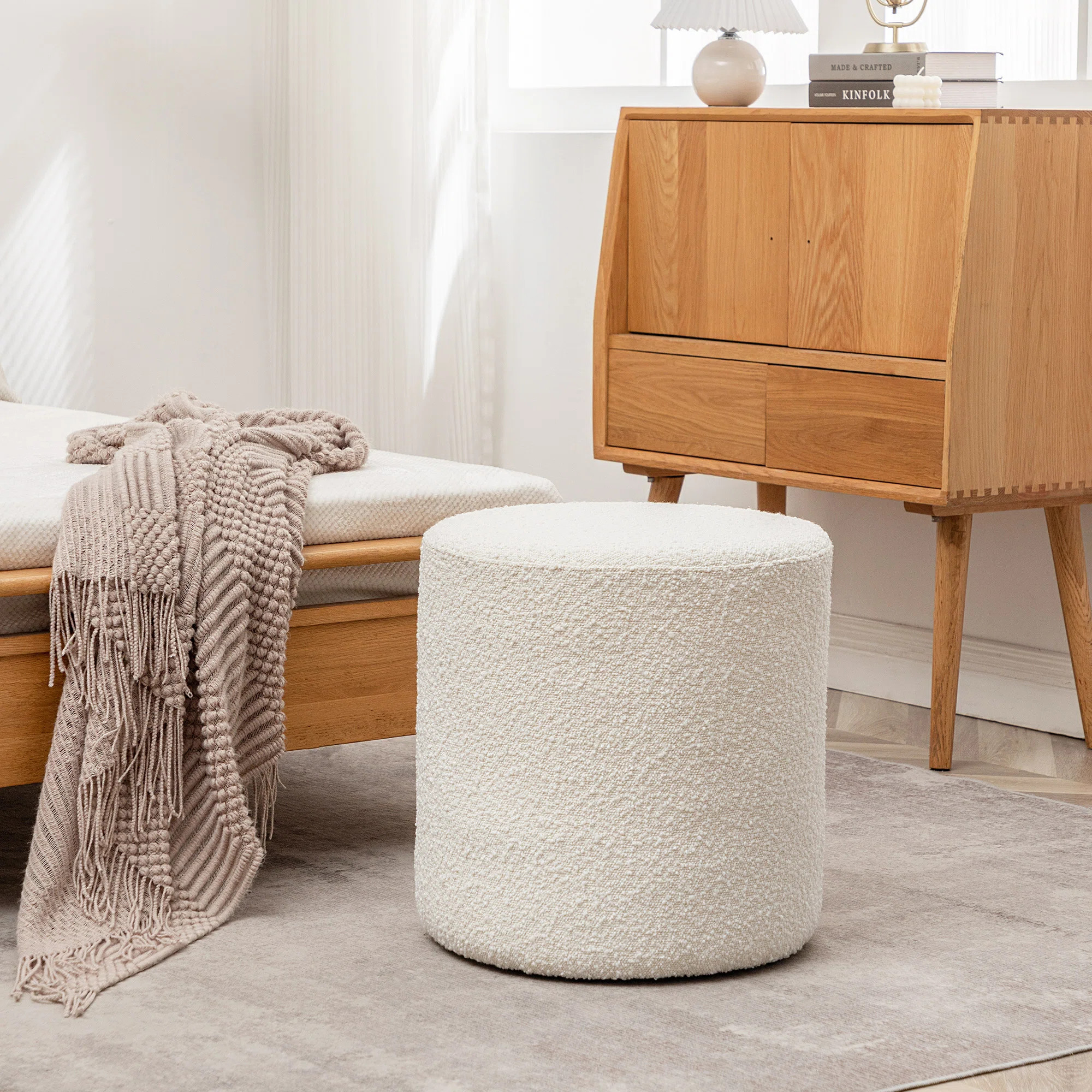 Brynnen 18'' Wide Modern Round Boucle Upholstered Ottoman | Wayfair North America