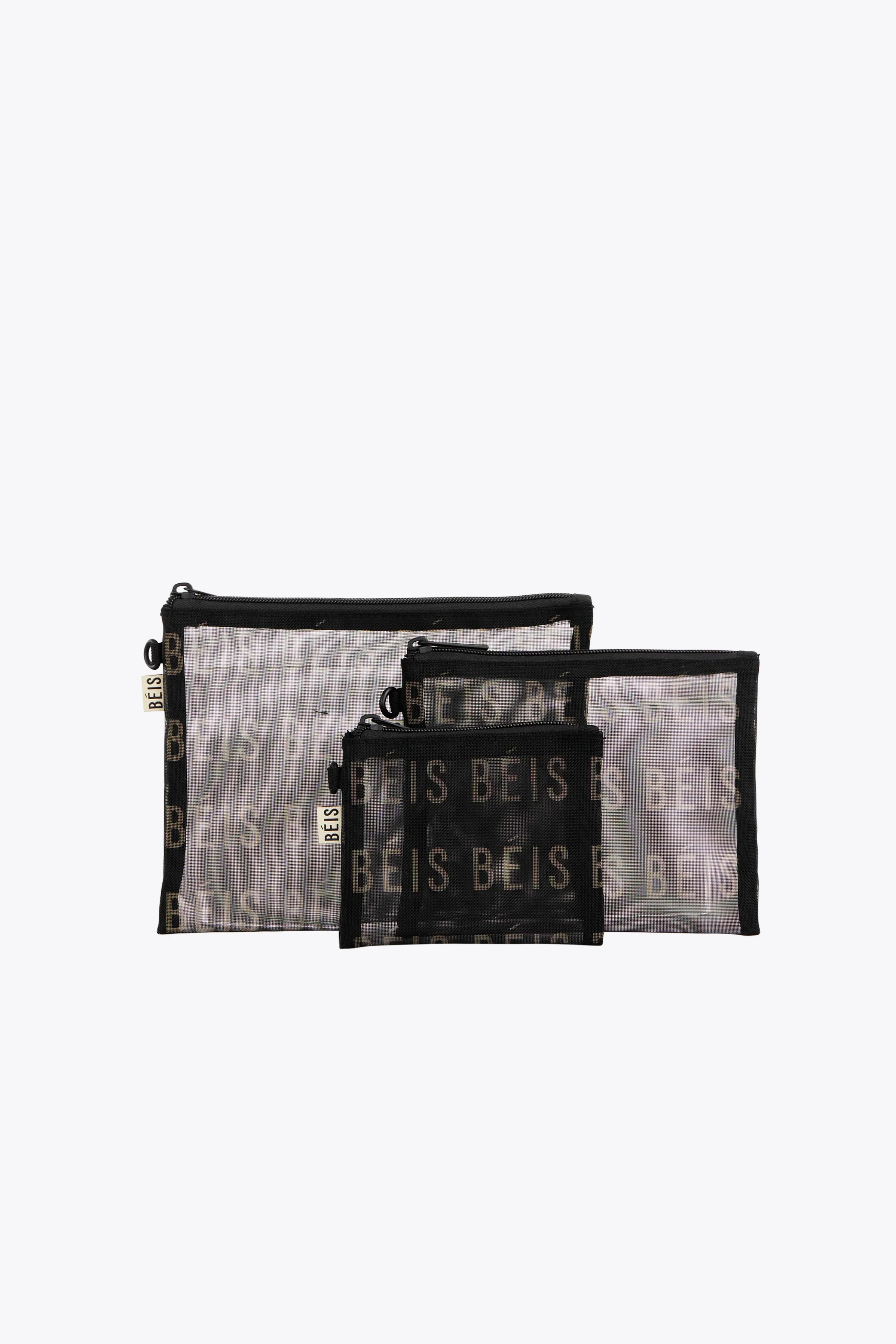 BÉIS 'The Mesh Pouch Trio' in Black - Mesh Travel Bags With Zippers For Travel | BÉIS Travel