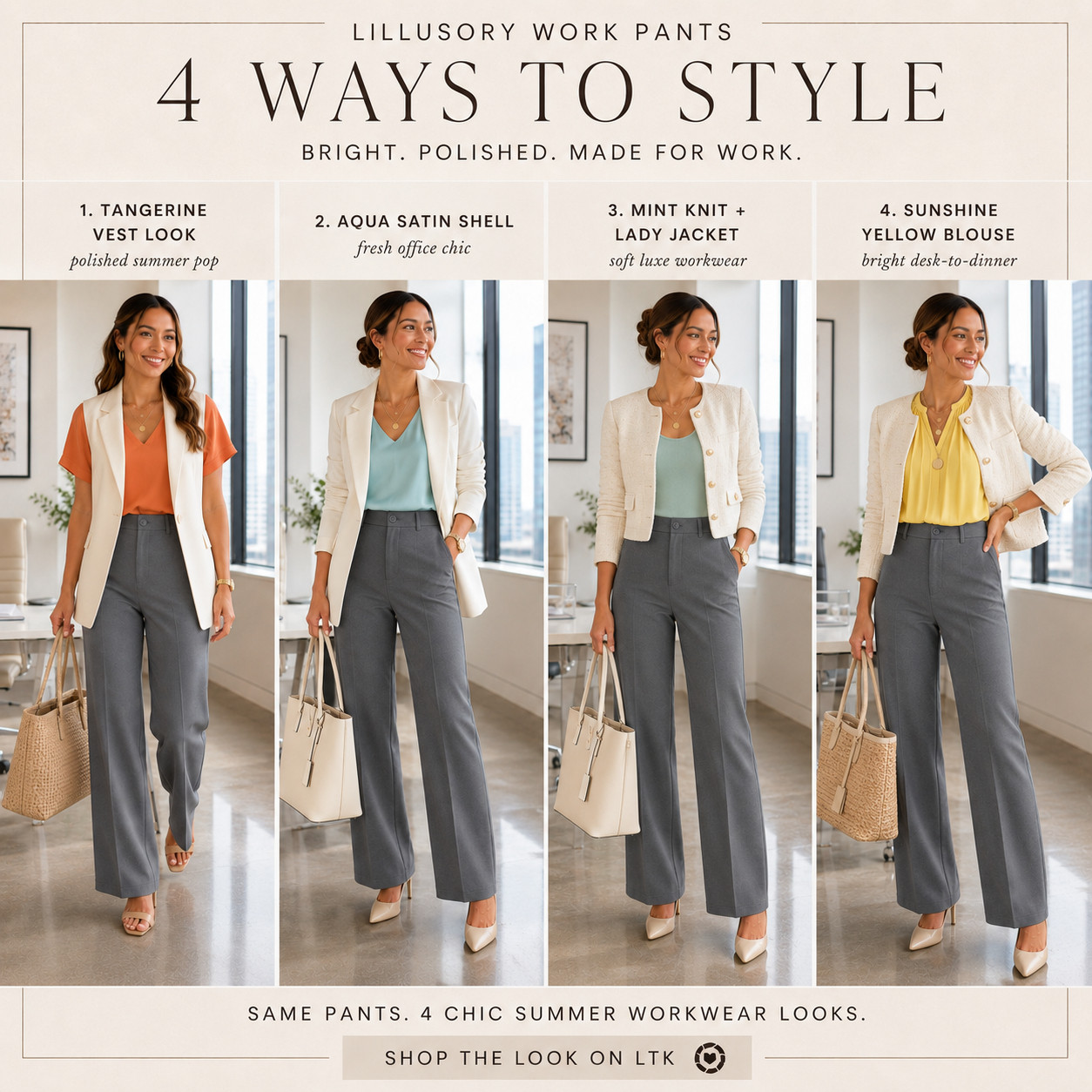 LILLUSORY Summer Workwear | Grey High-Waisted Straight Leg Pants

One pair of work pants, four bright summer workwear looks — and this is exactly why these are worth checking first!!

These LILLUSORY high-waisted straight leg pants are the kind of closet staple that makes getting dressed for work so much easier because they can be styled over and over without looking like the same outfit. 

The tailored grey color goes with everything, the high waist feels flattering and polished, and the straight leg fit gives that clean office-ready shape that works with blazers, vests, satin shells, blouses, tanks, heels, flats, and sandals.

This is the pair that solves the “I have nothing to wear to work” problem because you can build endless outfits around them — soft and feminine with a yellow blouse, fresh and modern with aqua, bold with tangerine, or elevated with a mint knit and lady jacket. Same pants, completely different vibe every time.

Perfect for office days, meetings, teacher outfits, business casual looks, interviews, conferences, work travel, desk-to-dinner plans, and polished weekday errands when you want to look put together without buying a whole new wardrobe.

I styled the outfit formulas worth checking first so you can see how much wear you can actually get from one versatile pair of pants.

📌 SAVE this for summer work outfit ideas when you need one pair of pants that can carry multiple polished office looks.

↓ Everything is linked!

#LTKSaleAlert #LTKWorkwear #LTKTravel