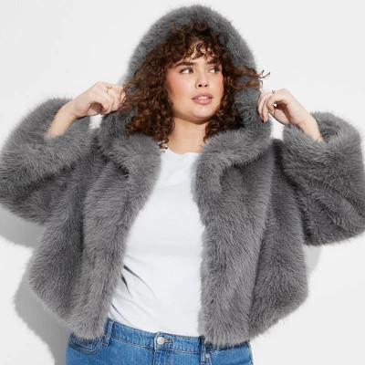 Women's Cropped Hooded Faux Fur Jacket - Wild Fable™ Gray XXL | Target