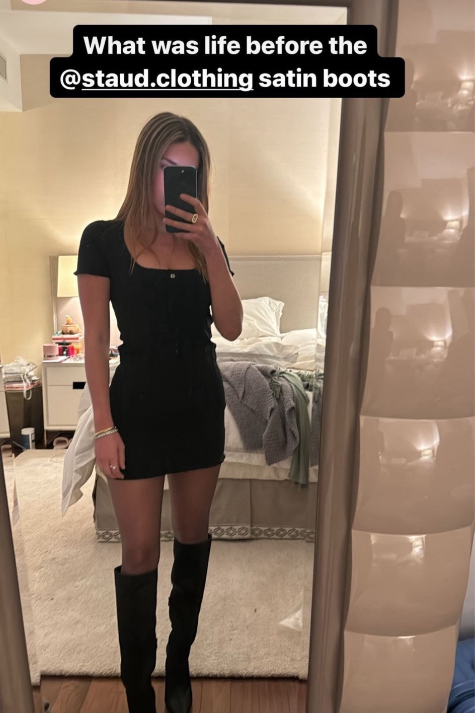 Linked Tinx’s exact dress, on major sale rn. You can get her boots on Staud ‘s website - “Cami satin” boots  