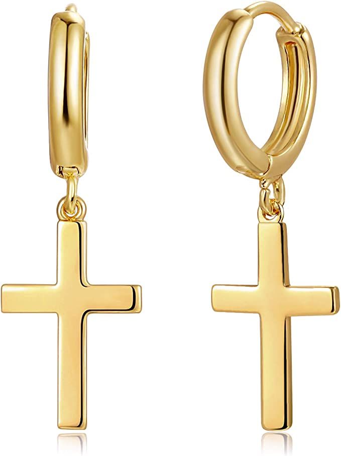 Gold Dangle Drop Hoop Earrings for Women Men Gold Plated Dainty Earrings Hypoallergenic Cross/Lig... | Amazon (US)