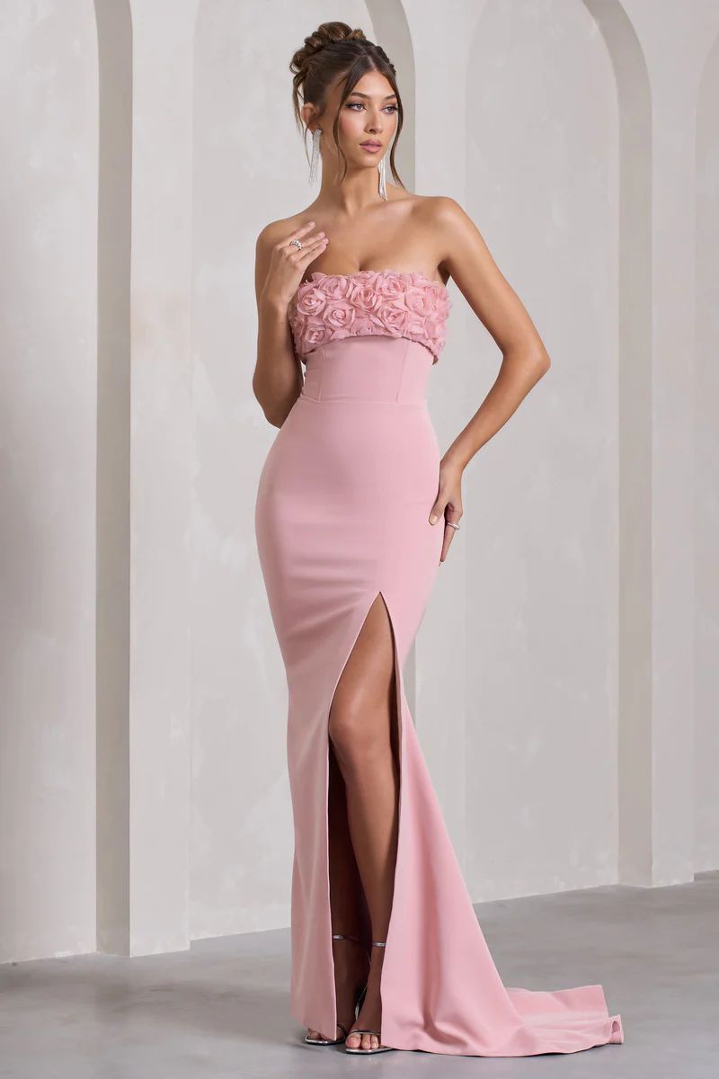Allegra | Pink Bandeau Split Fishtail Maxi Dress With Flowers | Club L London