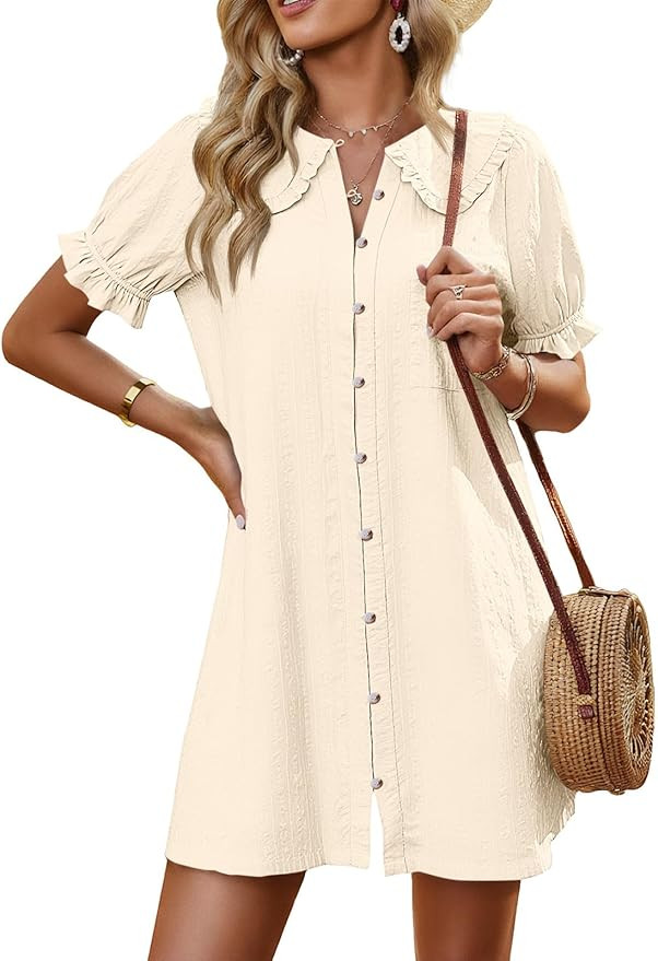 Cicy Bell Womens Puff Sleeve Peter Pan Collar Mini Shirt Dress Button Down Summer Casual Textured... | Amazon (US)