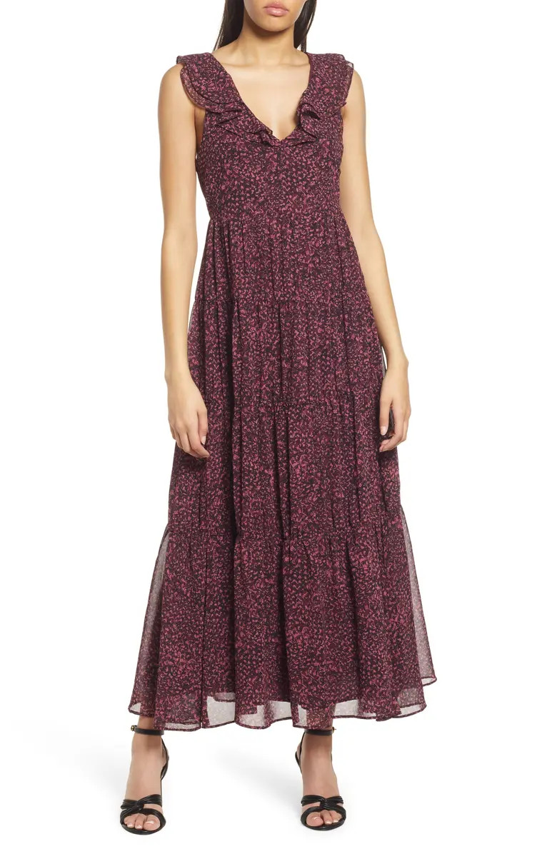 Ruffle Neck Abstract Animal Print Tiered Chiffon Midi Dress | Nordstrom