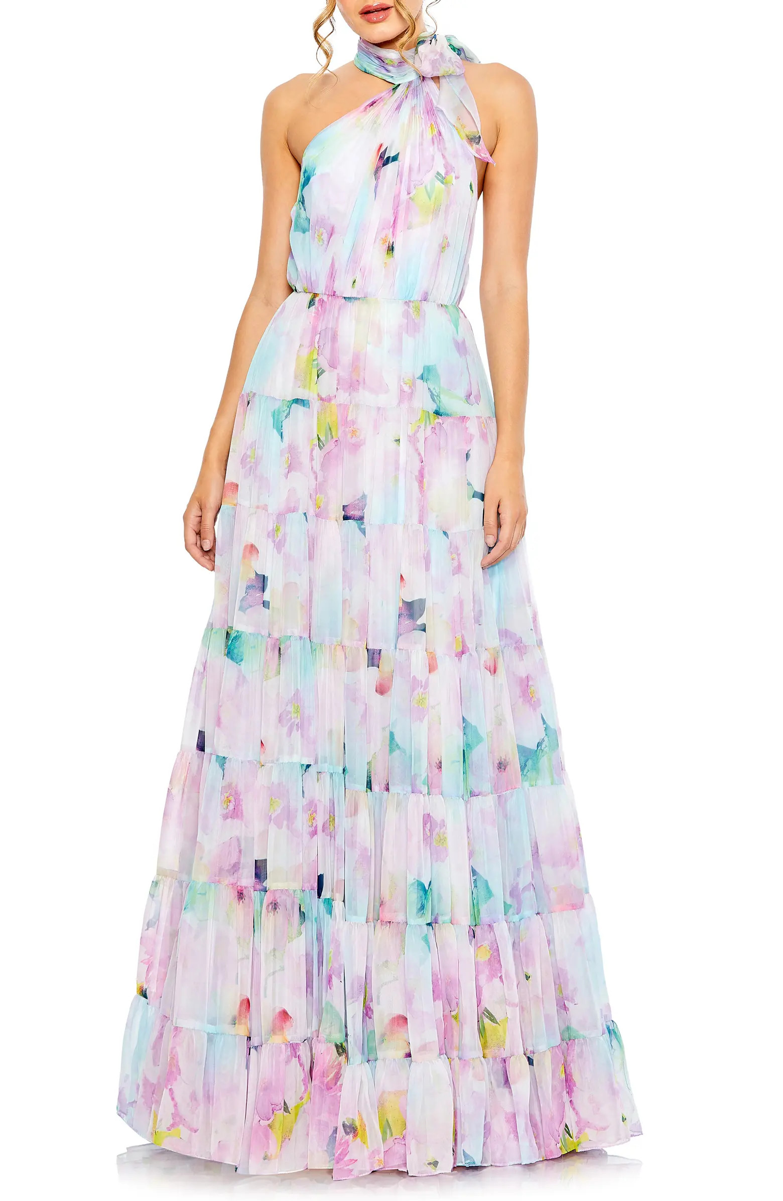 Mac Duggal Floral Asymmetric Halter Neck Tiered Gown | Nordstrom | Nordstrom