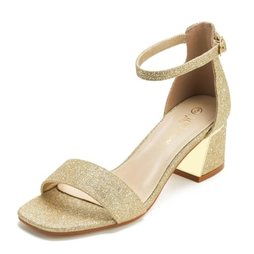 hingswink Glitter Gold Womens Heeled Sandals 2 Inch Low Block Heels Open Toe Sandal Heels Ankle Strap Heels Square Toe Chunky Heels Dress Shoes for Women Comfortable Dressy Casual, GoldGlitter09 | Amazon (US)