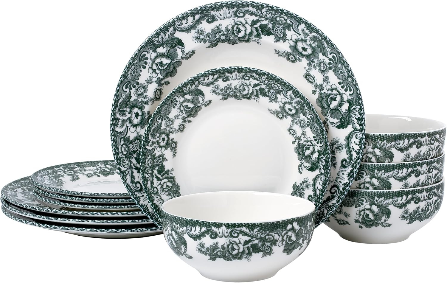 Joseph Sedgh Collection Montana Chip-Resistant Porcelain Dinnerware Set, 12-Piece, Elegant Green Floral Border | Amazon (US)