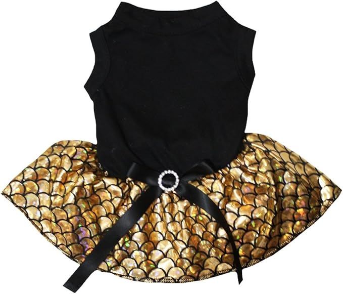 Petitebella Plain Shirt Bling Mermaid Tutu Puppy Dog Dress (Black/Gold, X-Small) | Amazon (US)