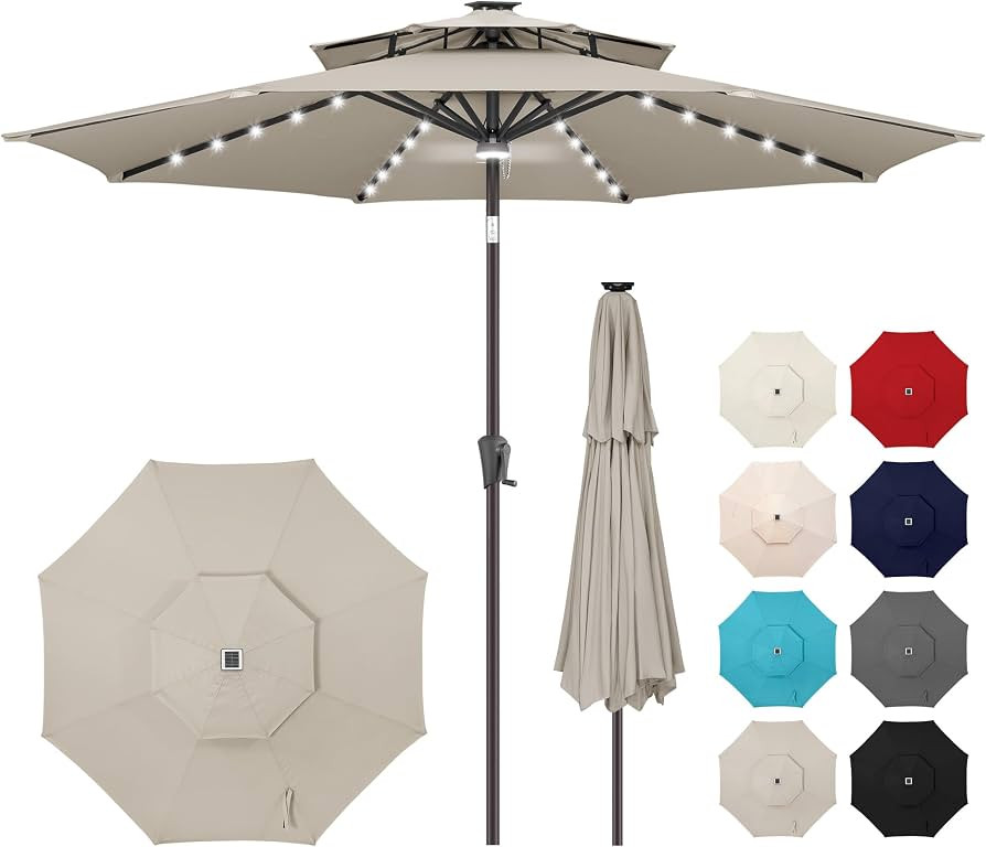 9ft Solar Umbrella Outdoor - 2-Tier Lighted Solar Patio Umbrella with 40 LED Lights Waterproof UV... | Amazon (US)