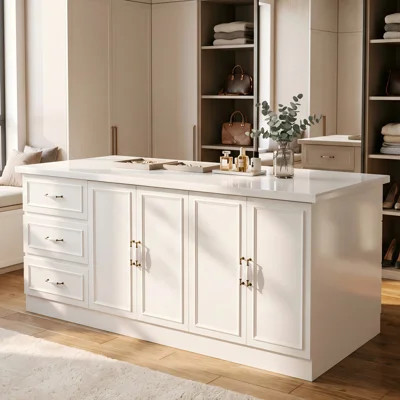 86'' White Closet Island With Marble Top, Four Doors And Six Drawers For Walk-In Closet | Wayfair North America