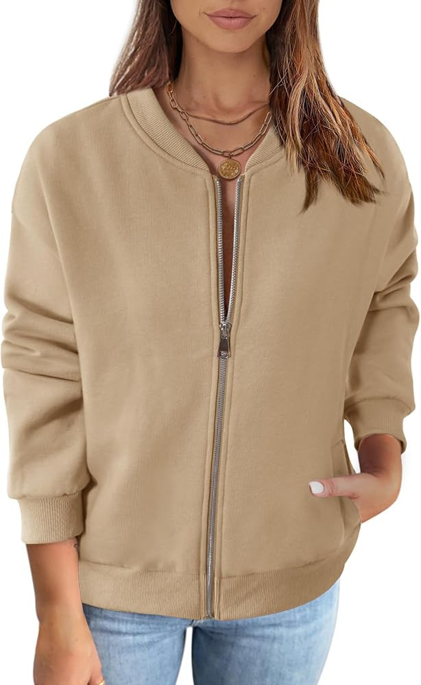 MEROKEETY Womens Long Sleeve Zip Up Sweatshirts Jackets Casual Loose Outwear with Pockets | Amazon (US)