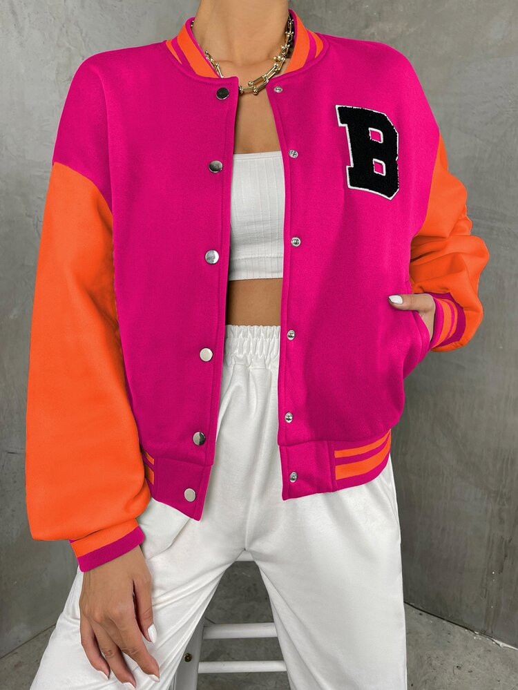 Preppy Kleurblok Tekst Jas Zak Voorpand met Knoopjes | SHEIN