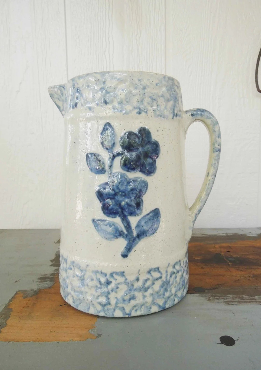Antique Spongeware Pitcher. Wild Rose Pattern. Blue and White Stoneware - Etsy | Etsy (US)