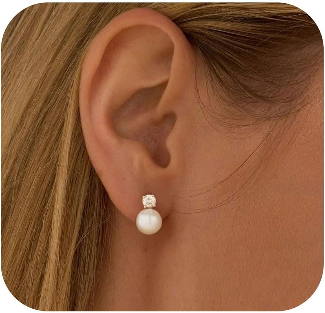 WFYOU Pearl Earrings for Women 925 Sterling Silver Earrings 14K Gold Plated Pearls Stud Earrings ... | Amazon (US)
